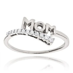 Solid 10K White Gold Mothers Day Gifts Journey Diamond MOM Ring .13ct