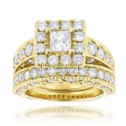 Princess Cut Round Diamond Engagement Ring Wedding Band Set 3.5ct 14K Yellow Gold
