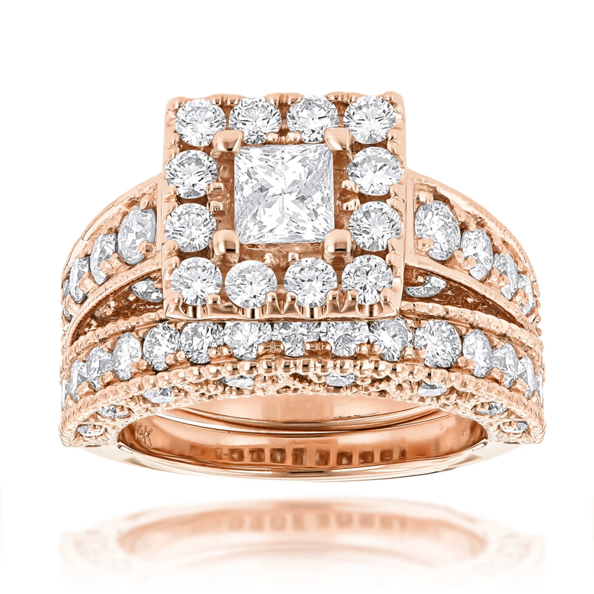 Princess Cut Round Diamond Engagement Ring Wedding Band Set 3.5ct 14K Yellow Gold 5 Princess Cut Round Diamond Engagement Ring Wedding Band Set 3.5ct 14K Yellow Gold - Image 3