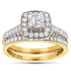 Princess Cut Diamond Halo Engagement Ring Set 1.93ct 14K Yellow Gold