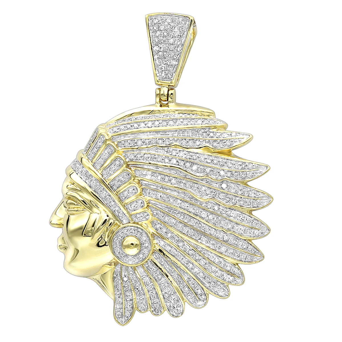 10K Yellow Gold Indian Chief Head Pendant For Men With Genuine Diamonds 1.2ct 3 10K Yellow Gold Indian Chief Head Pendant For Men With Genuine Diamonds 1.2ct