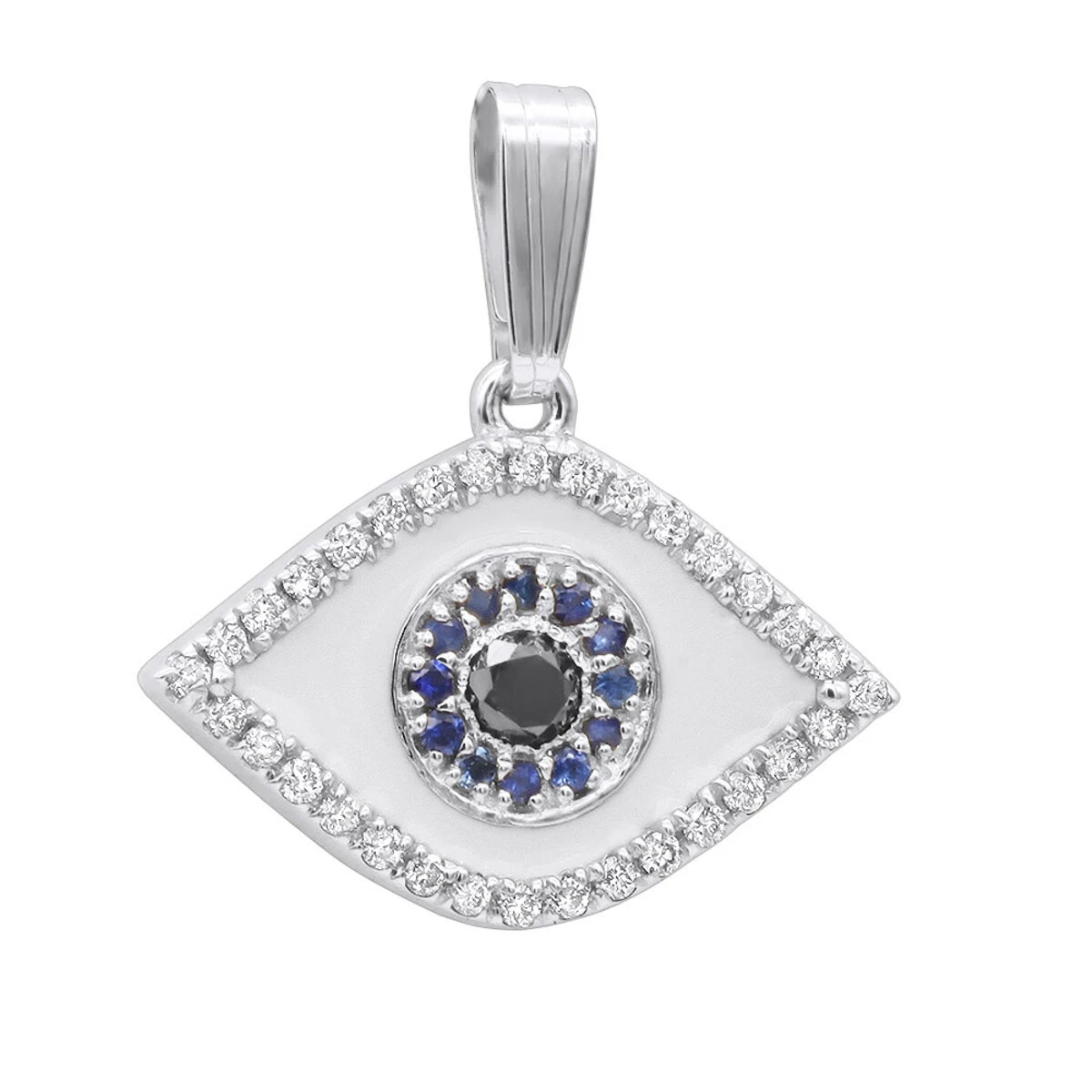 14K Yellow Gold White Black Diamond & Sapphire Evil Eye Pendant Enamel Charm 4 14K Yellow Gold White Black Diamond & Sapphire Evil Eye Pendant Enamel Charm - Image 2