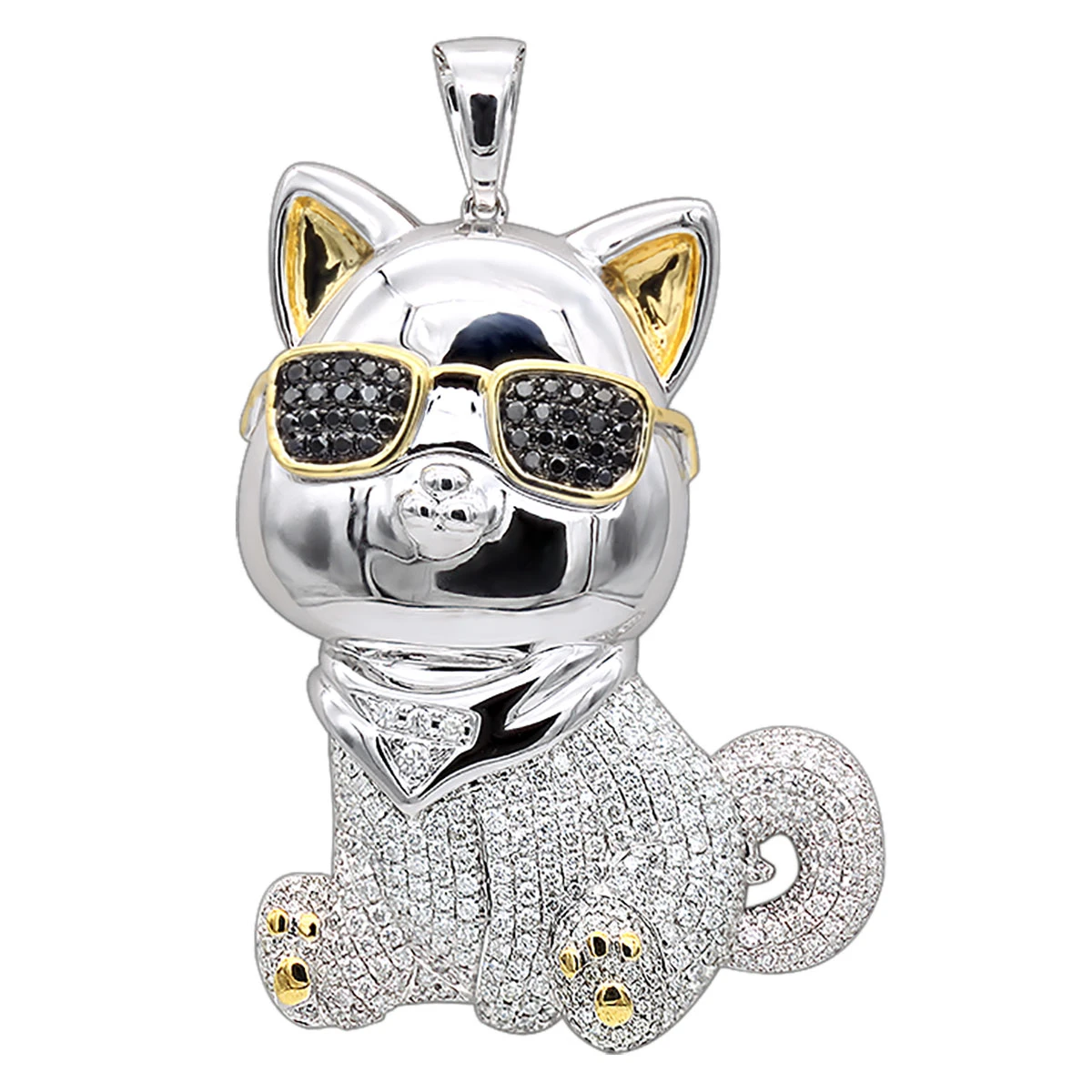 Real Diamond Cat Pendant With Sunglasses 14K White Gold Black & White Diamonds 3 Real Diamond Cat Pendant With Sunglasses 14K White Gold Black & White Diamonds