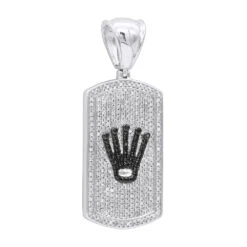 Real Diamond Dog Tag Pendant With Crown 10K White Gold White & Black Diamonds 1ct