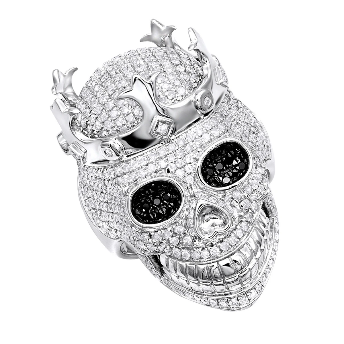 Real Hip Hop Men's Diamond Skull Ring 10K White Gold King Crown 2.75ct 3 Real Hip Hop Men's Diamond Skull Ring 10K White Gold King Crown 2.75ct