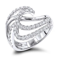 Gold Diamond Wave Right Hand Ring For Women 1.5ct 14K White Gold