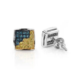 Single Mens Diamond Earring 14K White Gold Blue Yellow Diamond Stud Earring 0.1ct