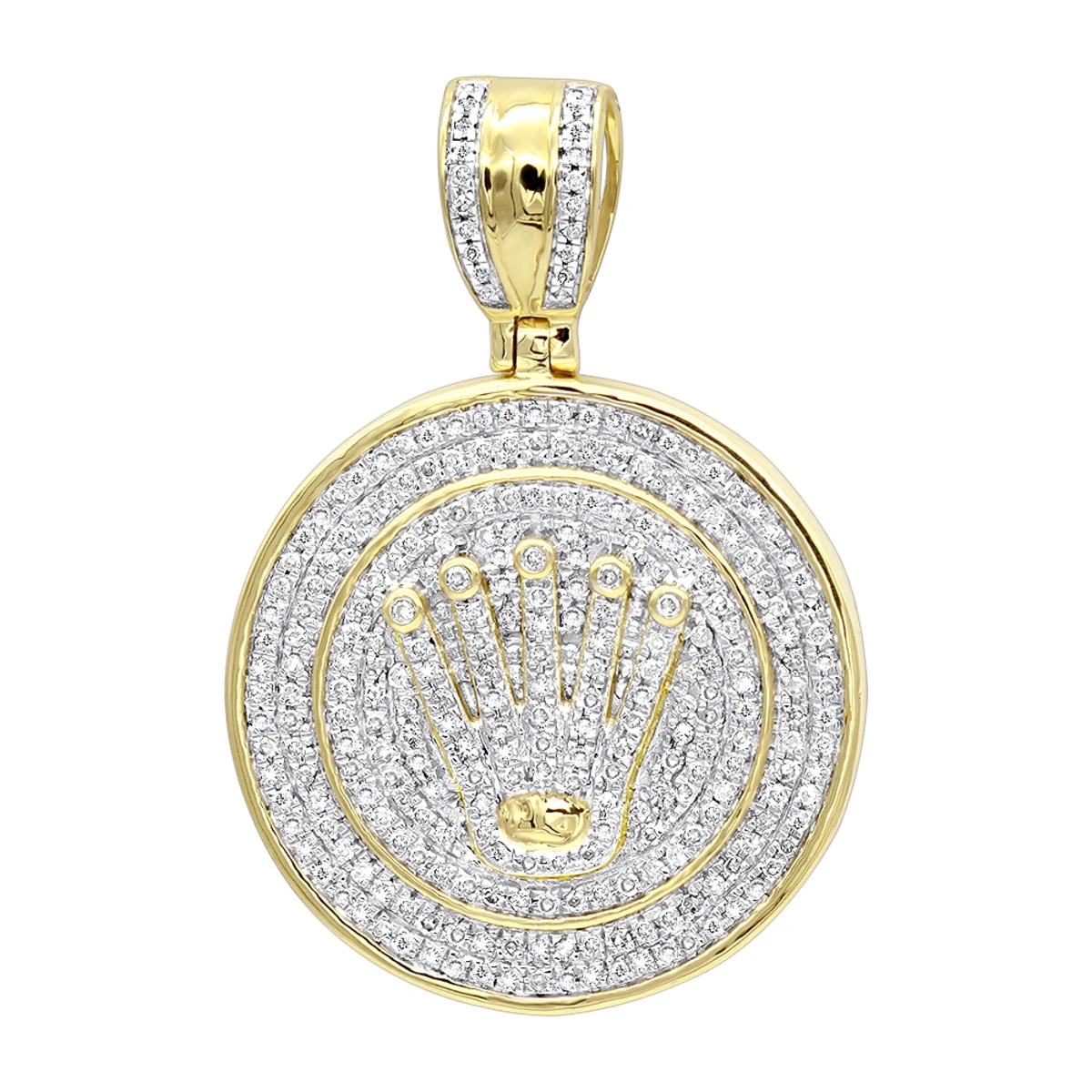 10K Yellow Gold Real Diamond Crown Pendant For Men Iced Out Round Medallion 3 10K Yellow Gold Real Diamond Crown Pendant For Men Iced Out Round Medallion