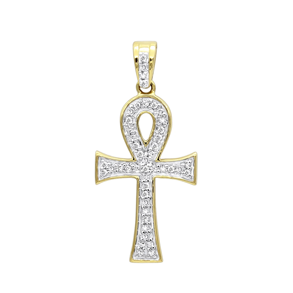 14K Yellow Gold Mini Diamond Egyptian Ankh Cross Pendant For Women 0.2ct 3 14K Yellow Gold Mini Diamond Egyptian Ankh Cross Pendant For Women 0.2ct