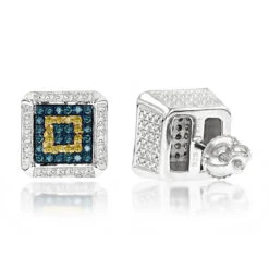 Square Sterling Silver Diamond Earrings Studs 0.35ct Yellow Blue Diamonds