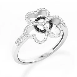 Triple Heart Ring With Black And White Diamonds 0.26ct 14K White Gold