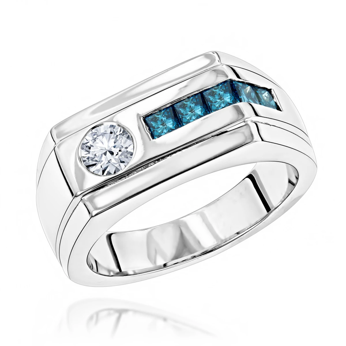 Unique 1 Carat White And Blue Diamonds Ring For Men 14K White Gold By Luxurman 3 Unique 1 Carat White And Blue Diamonds Ring For Men 14K White Gold By Luxurman
