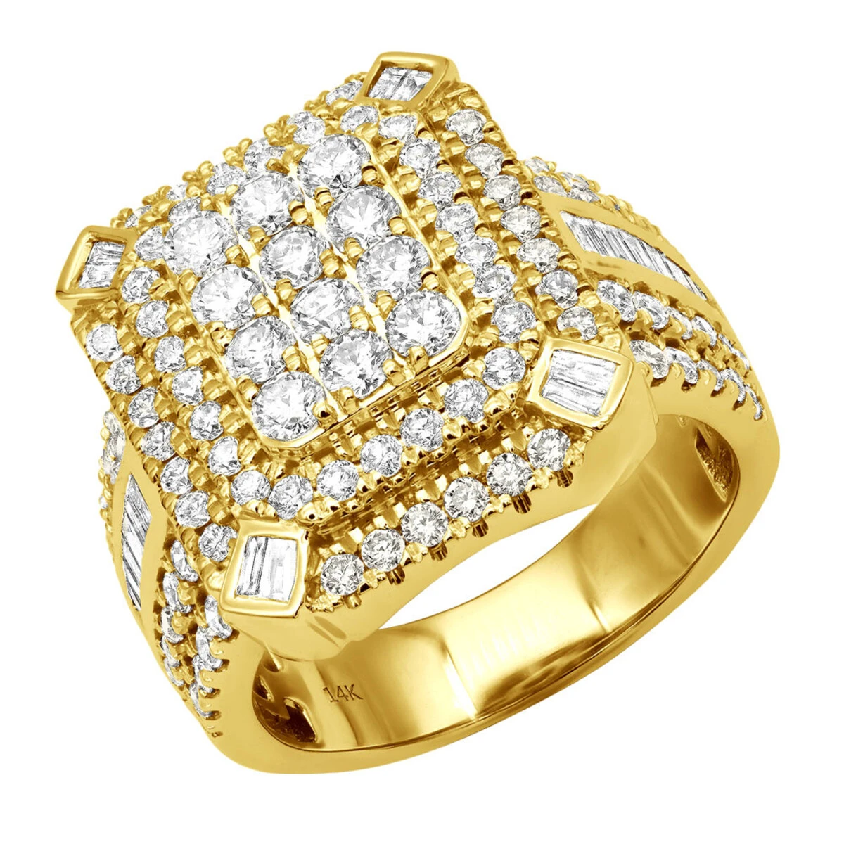 Unique 14K Yellow Gold Large Men's 3.5ct Round & Baguette Cut Diamond Statement Ring 3 Unique 14K Yellow Gold Large Men's 3.5ct Round & Baguette Cut Diamond Statement Ring