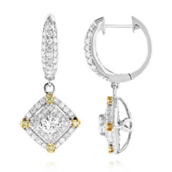 Unique 14K White Gold White And Yellow Diamond Earrings For Women Drop Design