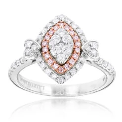 Unique 14K White Gold White Pink Diamond Ring For Women Marquise Hearts Design