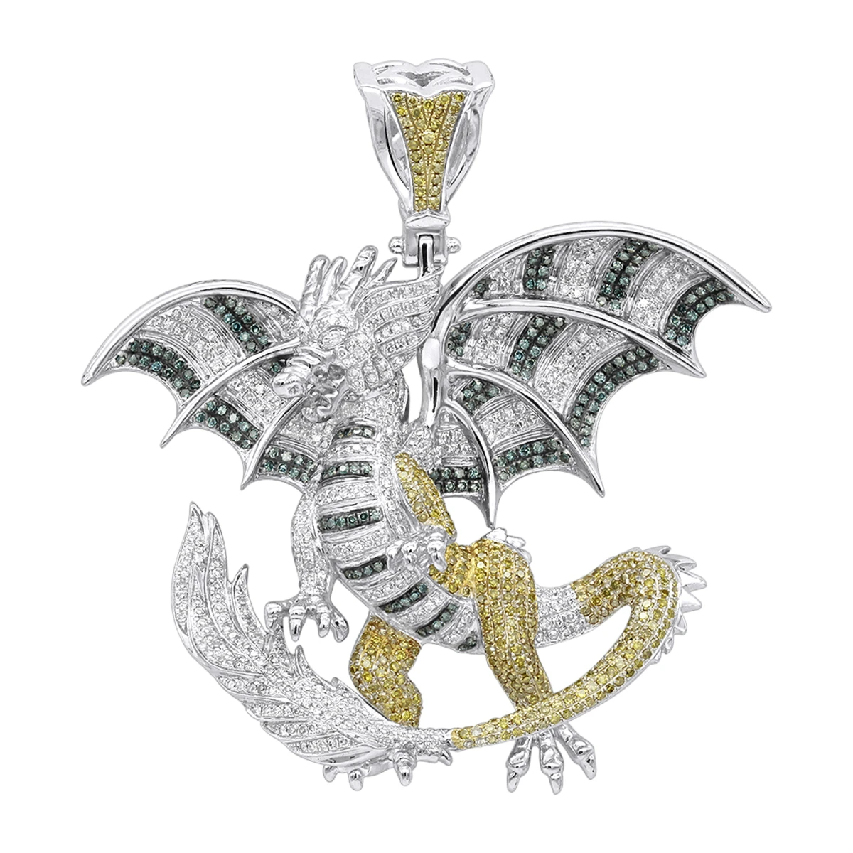 Unique 14K White Gold White Yellow Blue Diamond Dragon Pendant For Men 4.25ct 3 Unique 14K White Gold White Yellow Blue Diamond Dragon Pendant For Men 4.25ct