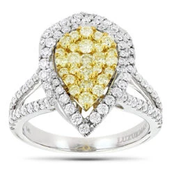 Unique 14K White Gold White Yellow Diamond Pear Shape Cluster Ring For Women 1.5c