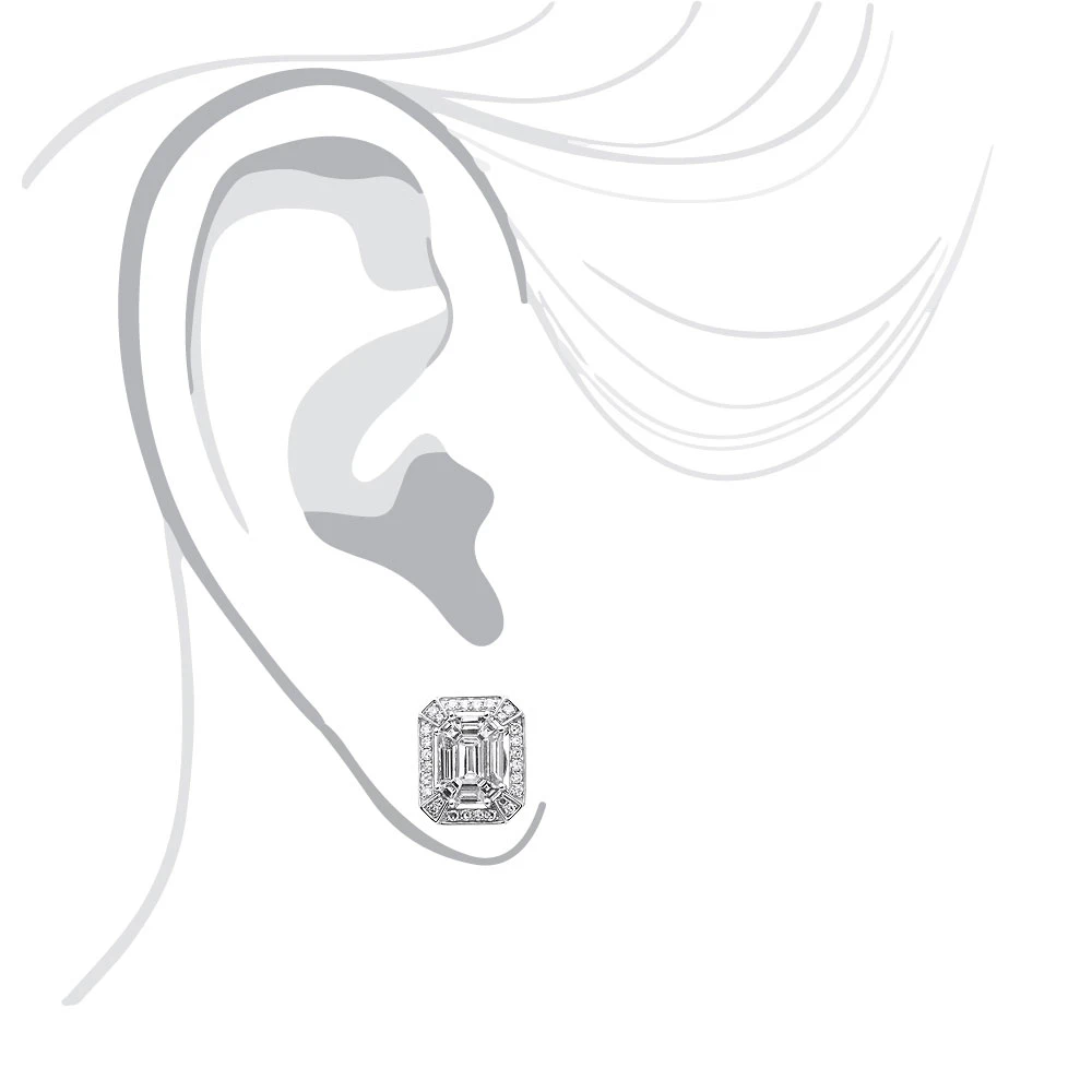 Unique 18K White Gold Emerald Cut Diamond Stud Earrings Halo Design 2.5ct 4 Unique 18K White Gold Emerald Cut Diamond Stud Earrings Halo Design 2.5ct - Image 2