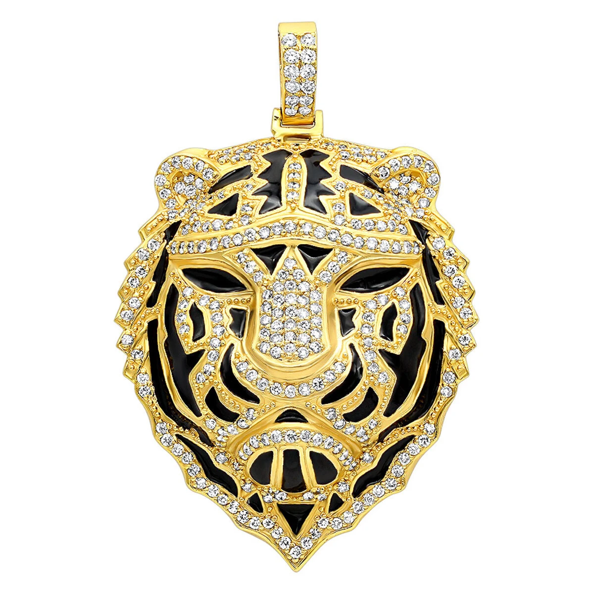 Unique Men's Diamond Tiger Pendant 14K Yellow Gold With Black Enamel 4ct 3 Unique Men's Diamond Tiger Pendant 14K Yellow Gold With Black Enamel 4ct