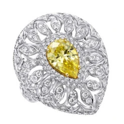 Unique 18K White Gold White & Pear Yellow Diamond Cocktail Ring For Women