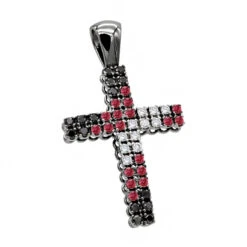 Unique White Black Diamonds And Ruby Cross Pendant 1.5ct 10K Black Plated Gold