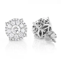 Unisex Round Diamond Cluster Earrings 14K White Gold 2ct Halo Studs