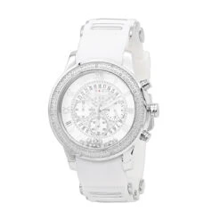 White Jojino Men's Diamond Watch Floating Stones Rubber Band Chronograph 0.25ct