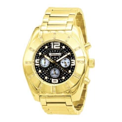 Large Men's Diamond Watch Jojino Chronograph Iced Out Black Dial Yellow Gold Pltd
