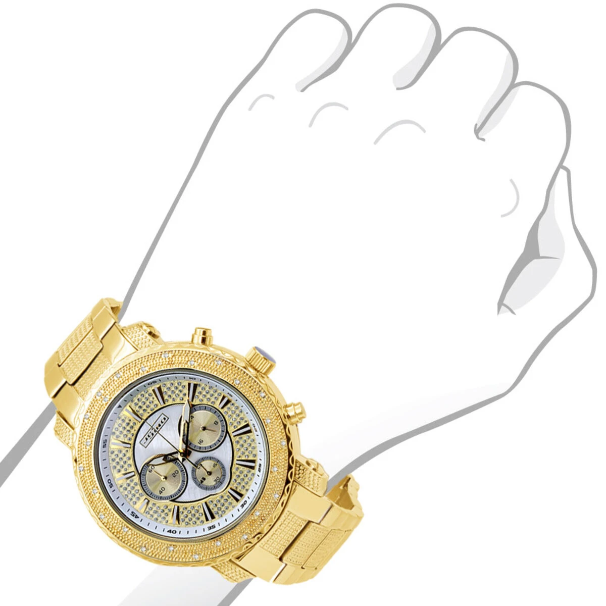 Large Men's Diamond Watch Yellow Gold Pltd JoJino Chronograph White MOP Dial 5 Large Men's Diamond Watch Yellow Gold Pltd JoJino Chronograph White MOP Dial - Image 3