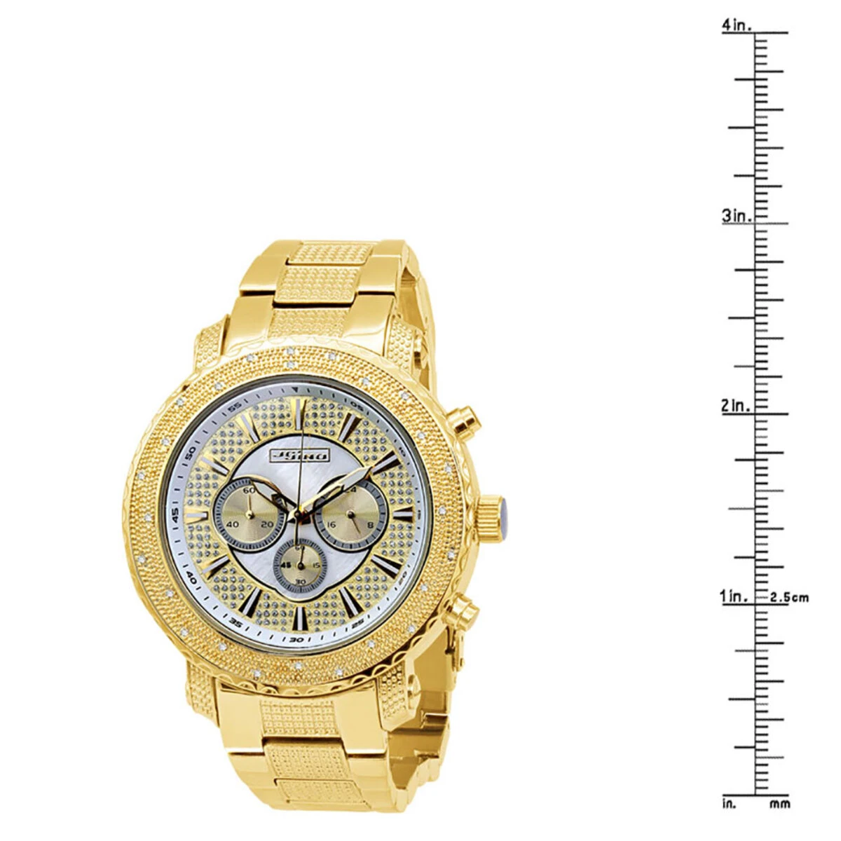Large Men's Diamond Watch Yellow Gold Pltd JoJino Chronograph White MOP Dial 6 Large Men's Diamond Watch Yellow Gold Pltd JoJino Chronograph White MOP Dial - Image 4