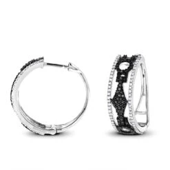 White And Black Diamond Hoop Earrings 0.9 Ct 14K White Gold
