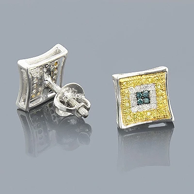 White Blue Yellow Diamond Earrings 0.35 Sterling Silver 3 White Blue Yellow Diamond Earrings 0.35 Sterling Silver