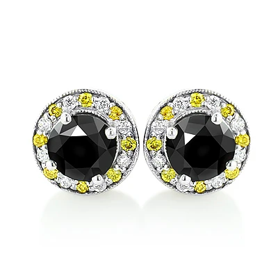 White Yellow And Black Diamond Stud Earrings 2.20ct 14K White Gold 3 White Yellow And Black Diamond Stud Earrings 2.20ct 14K White Gold