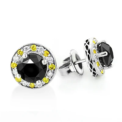 White Yellow And Black Diamond Stud Earrings 2.20ct 14K White Gold 4 White Yellow And Black Diamond Stud Earrings 2.20ct 14K White Gold - Image 2
