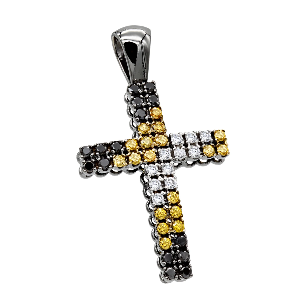 White Yellow Black Diamond Cross Pendant 1.45ct 10K Black Plated Gold 3 White Yellow Black Diamond Cross Pendant 1.45ct 10K Black Plated Gold